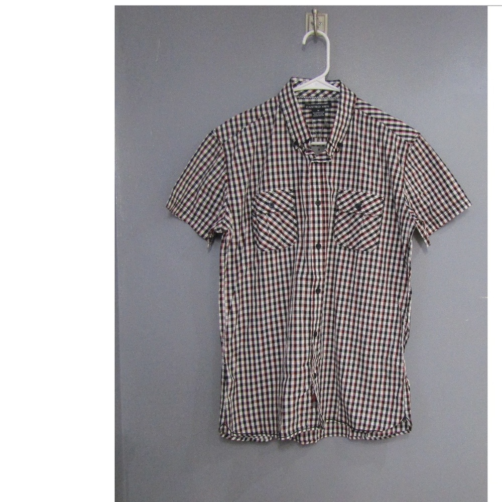NEW Castro Men Short Sleeve Black White Red Check